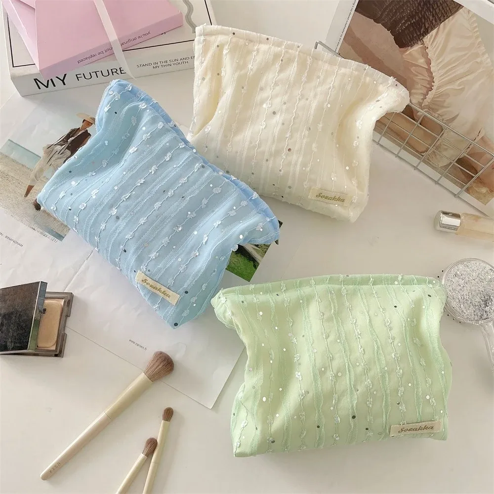 sac à cosmétiques à paillettes rayées en dentelle, trousse de toilette de voyage portable, organisateur de cosmétiques de lavage, sac de rangement de maquillage