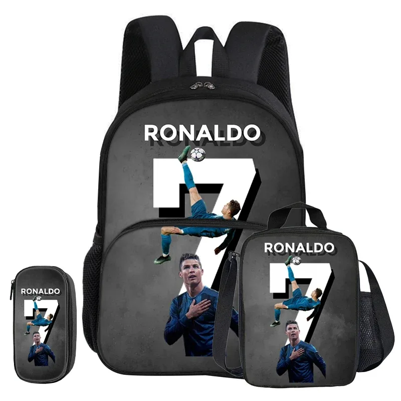 ensemble ronaldo 3 pièces avec sac à dos à poche frontale, sac isotherme pour le sport et le football, et trousse à crayons cr football star