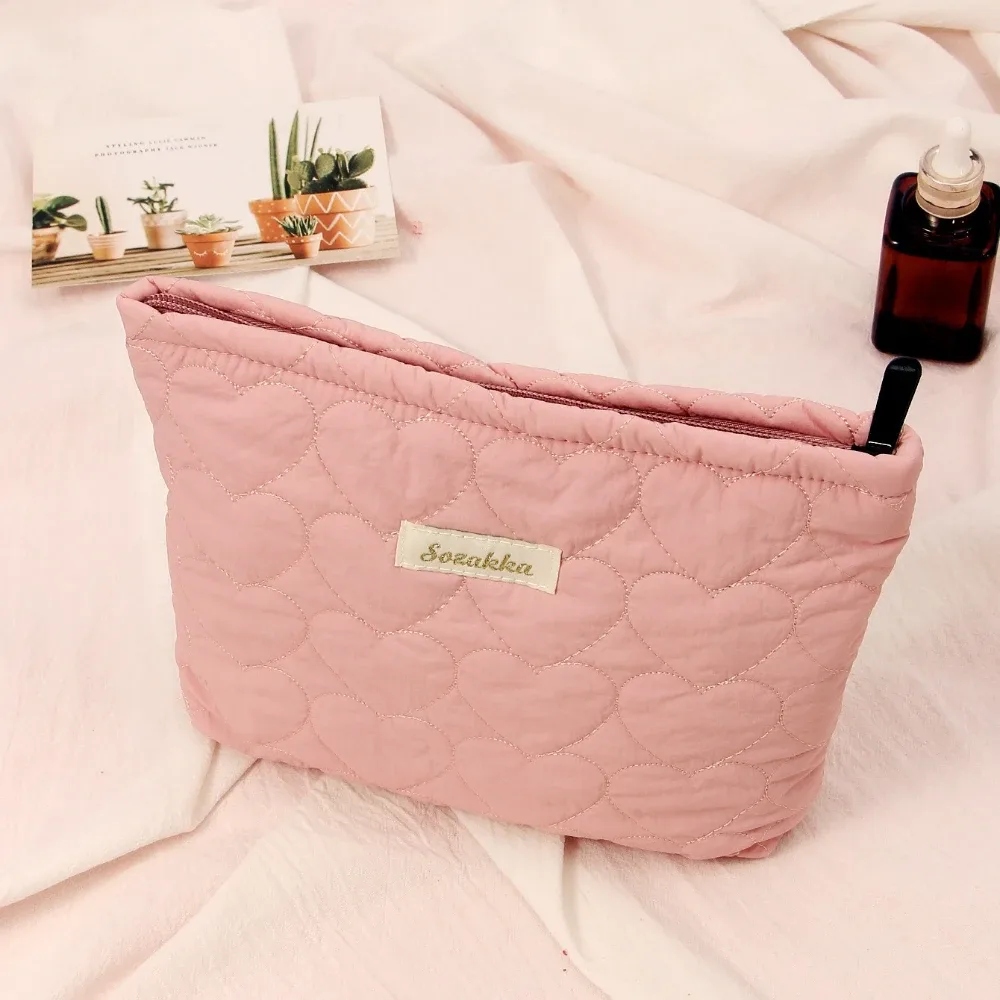 sac de maquillage matelassé en forme de cœur pour femmes, macaron, grande capacité, mignon, pochette de rangement de cosmétiques, sac à main de voyage