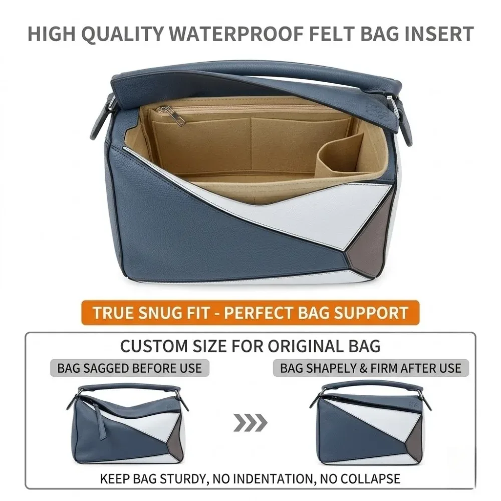 organisateur de sac à main en feutre avec fermeture éclair, multi-poches, compatible avec les sacs à main loewe puzzle small medium