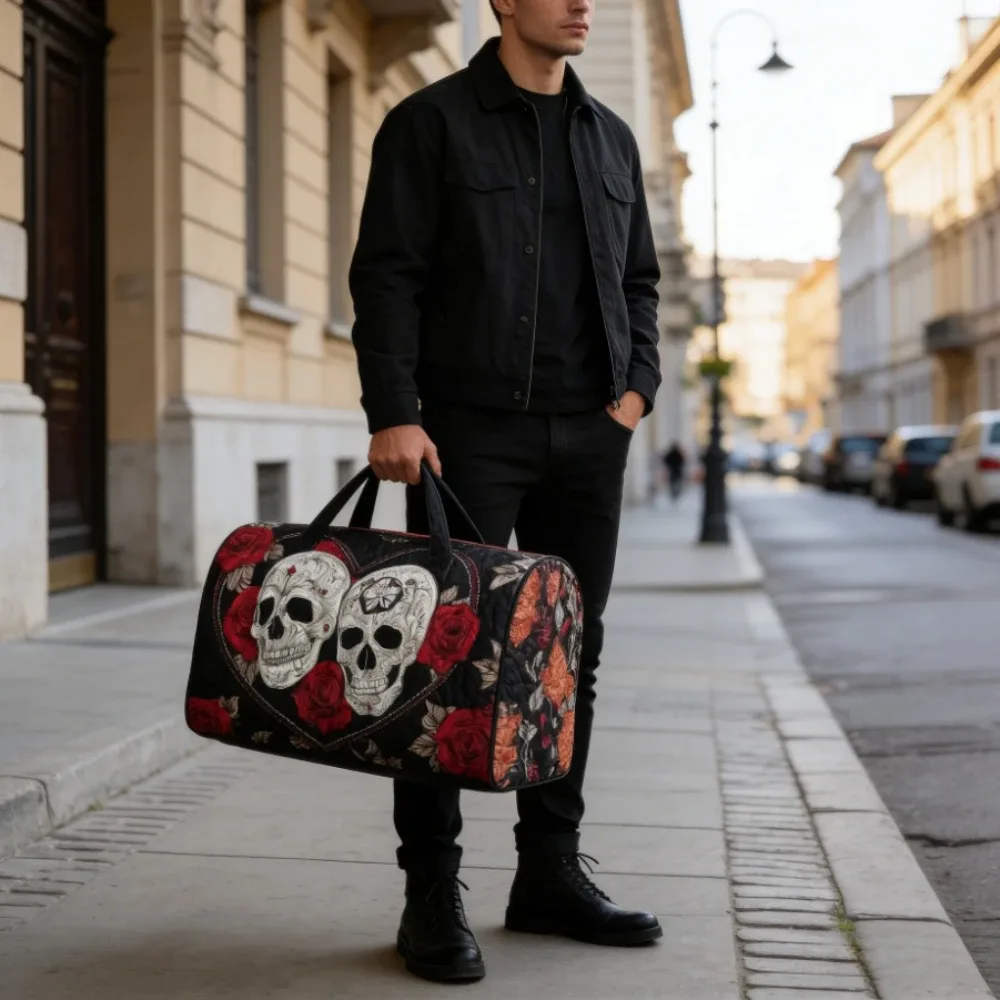 sac de voyage matelassé 3d vintage gothique imprimé crâne et rose, sac de week-end, bagage cabine, sac à main y2k style motard chic, sacs de vacances uniques