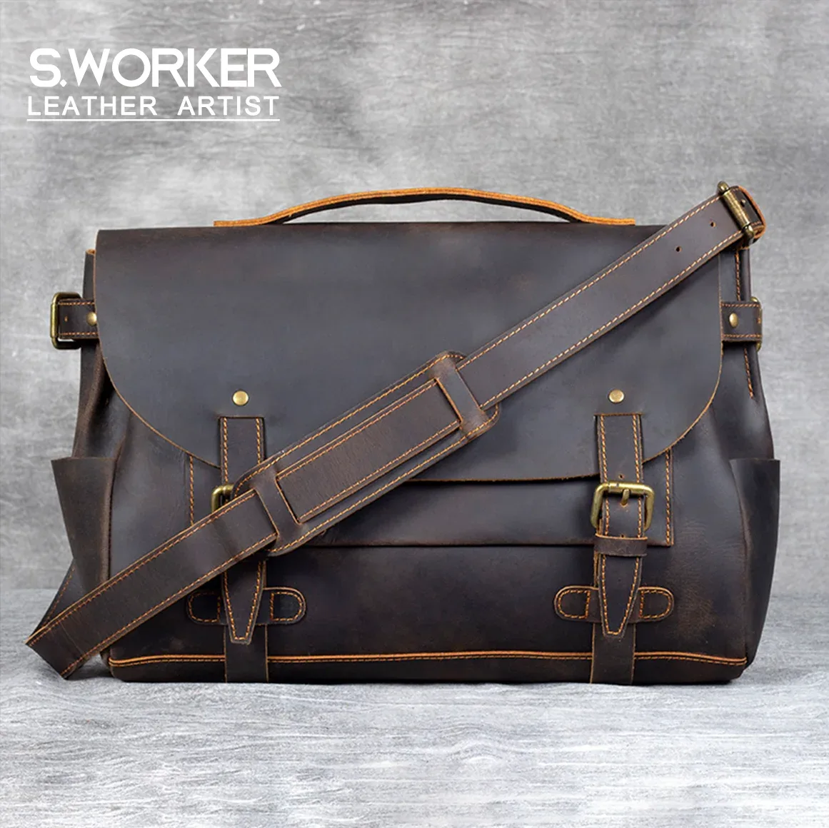 S.WORKE Sac à bandoulière vintage en cuir véritable pour homme, sac messager en cuir de vachette Crazy Horse, sacs classiques pour ordinateur portable 14 pouces