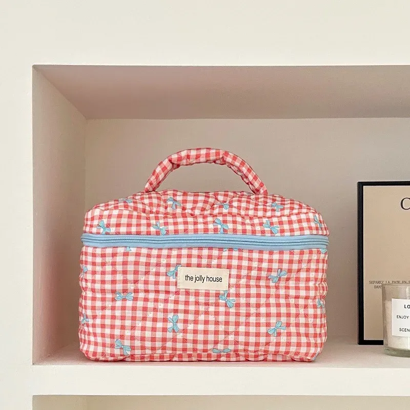 trousse de maquillage matelassée à carreaux avec nœud, grande capacité, pour pinceaux et soins de la peau, sac de voyage cosmétique