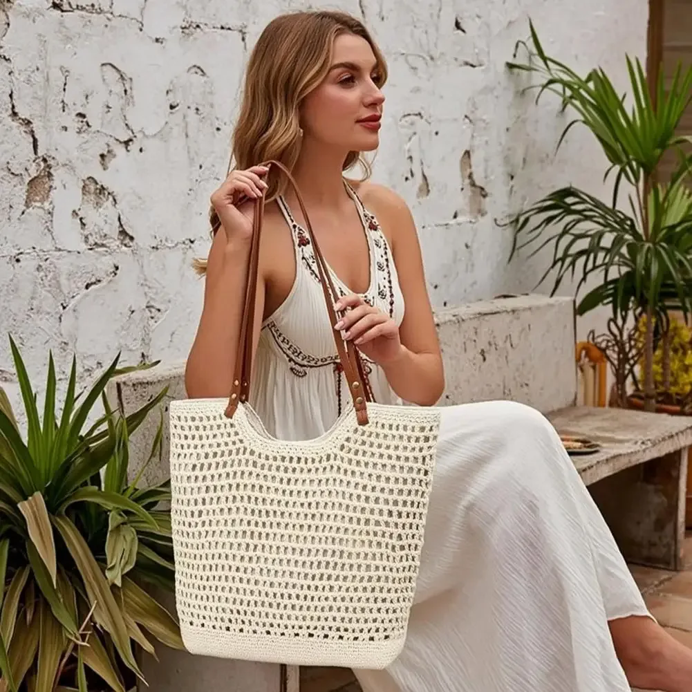 sac à main de couleur unie, sac fourre-tout de grande capacité, sac à main léger en tricot, sac fourre-tout de plage d'été pour femmes, pour les vacances et un usage quotidien