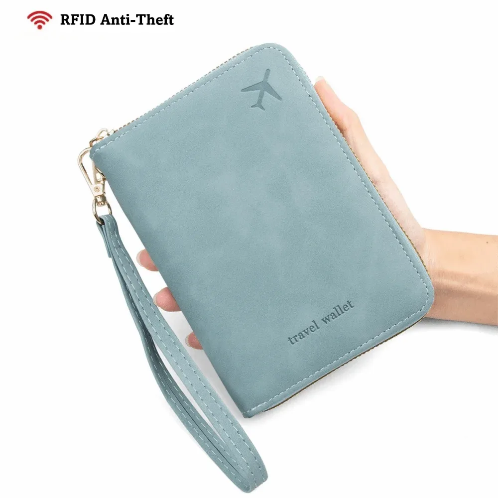 portefeuille de voyage multifonctionnel en pu avec protection rfid, couleur unie, anti-magnétique, fermeture éclair, sac de rangement pour documents, unisexe