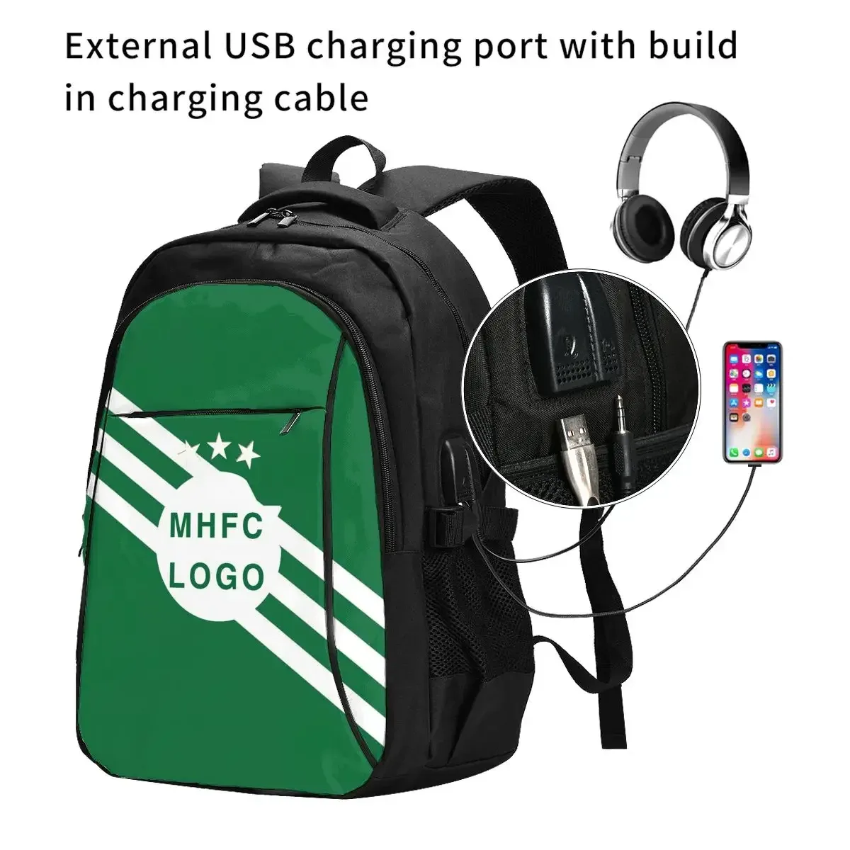 Israël F.C MHFC Grand sac à dos de voyage durable pour ordinateur portable Sac résistant à l'eau avec port de chargement USB Sac à dos d'affaires pour femmes et hommes