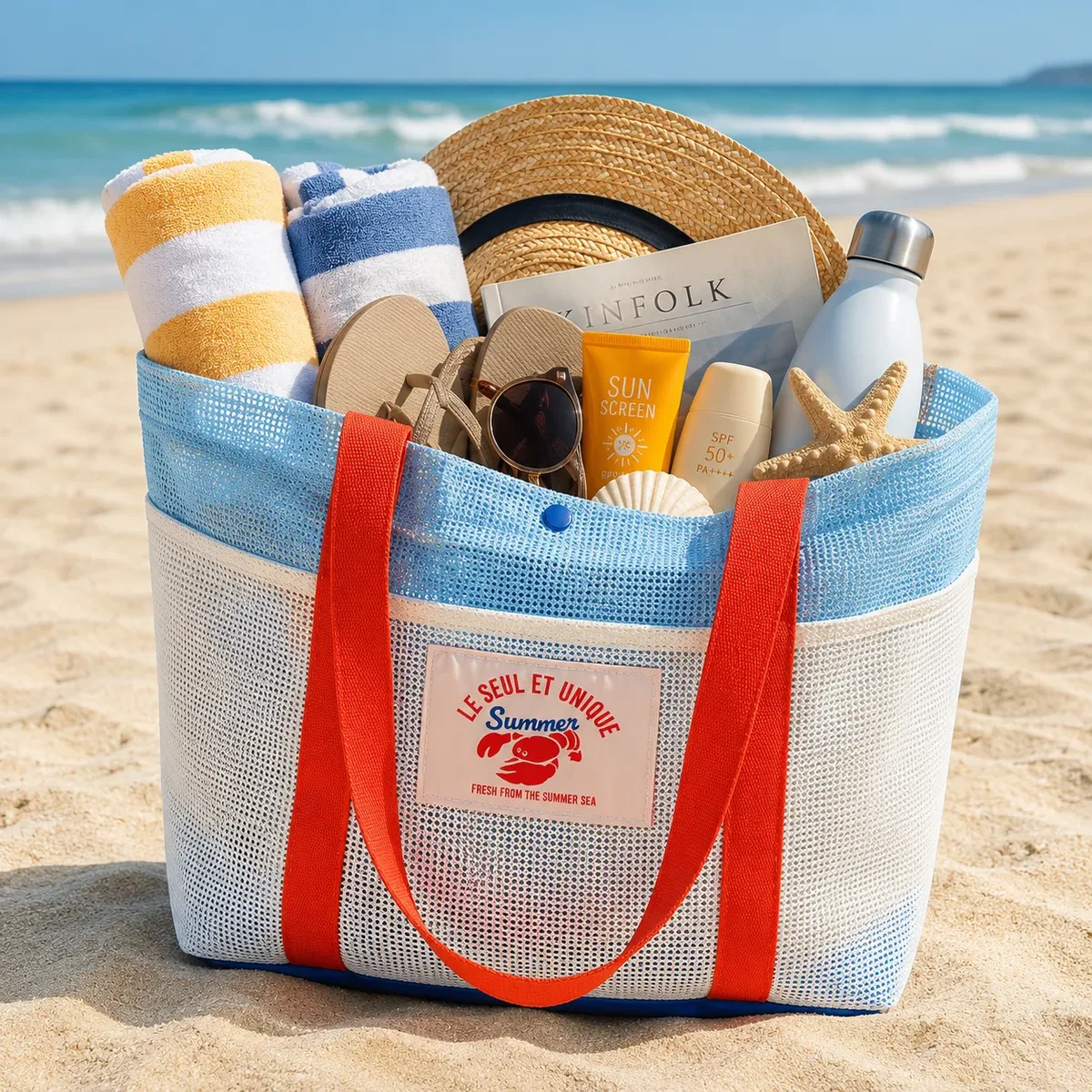sac de plage grande capacité, résistant au sable, en maille, pour la plage, la piscine, les voyages, sac de rangement, design multi-poches, essentiel pour les vacances en famille