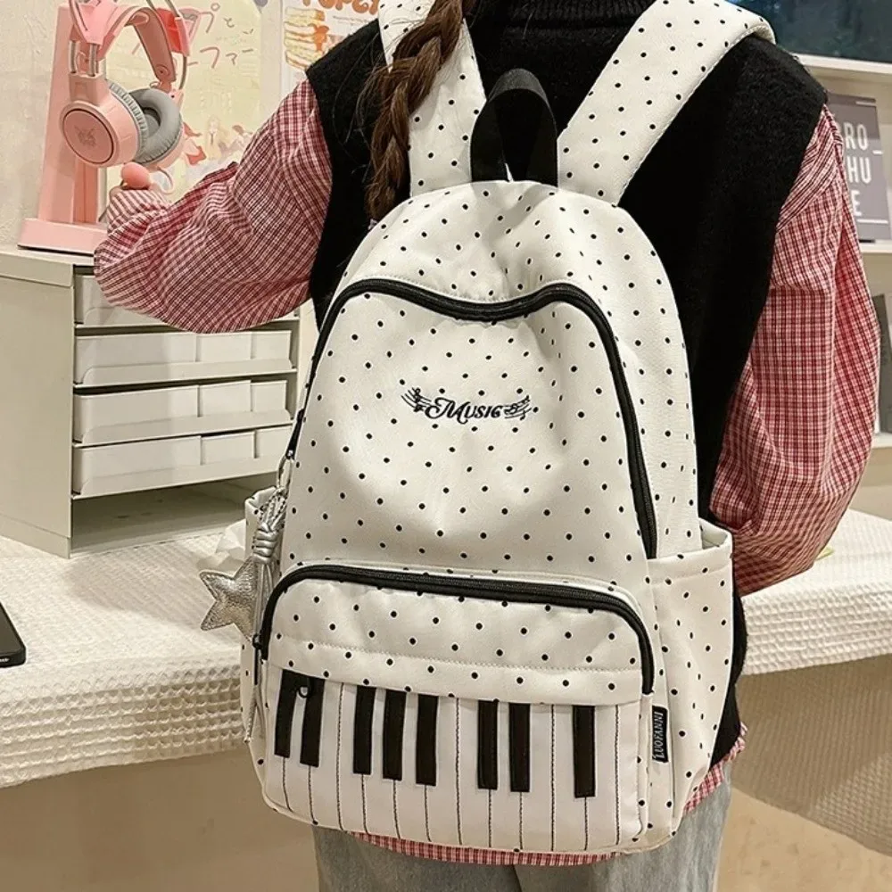 sac à dos personnalisé pour femme, motif à pois, grande capacité, tendance, simple, mignon, durable, sac à dos piano pour le shopping.