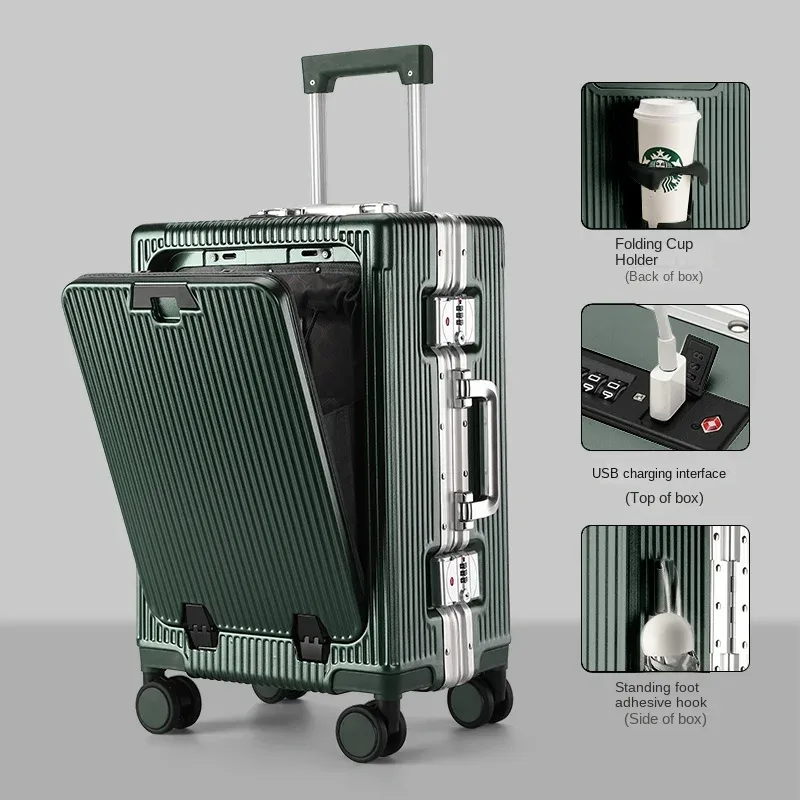 nouvelle valise ouverture avant pochette d'ordinateur cadre en aluminium bagages avec port usb mot de passe boîtier de chariot valises de voyage 20-28 pouces
