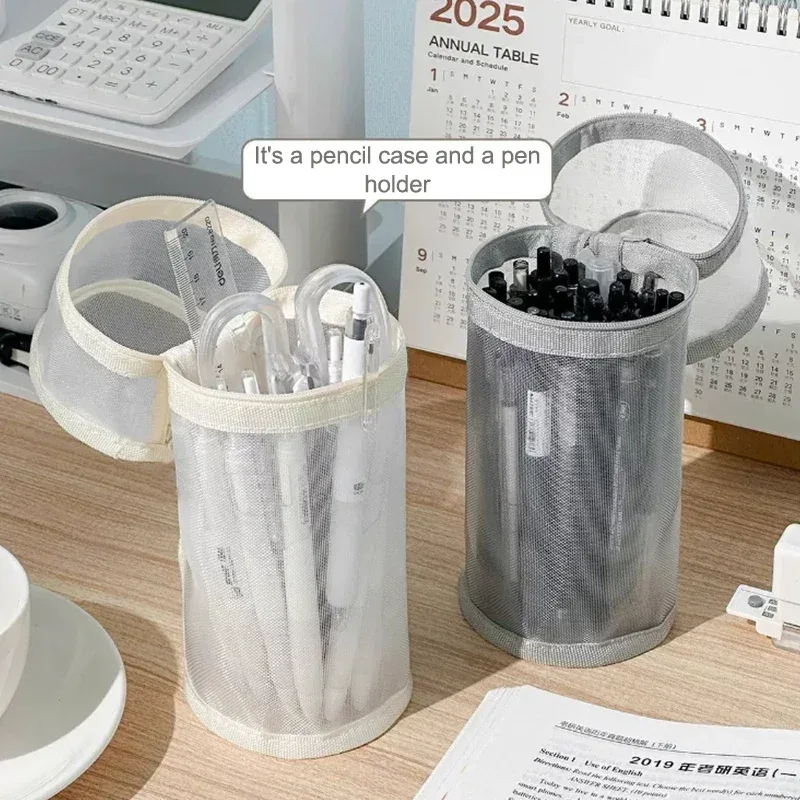 sac transparent de rangement de cosmétiques rond en maille, pochette de rangement de pinceaux de maquillage de grande capacité, étui à cosmétiques de voyage pour outils de pinceaux