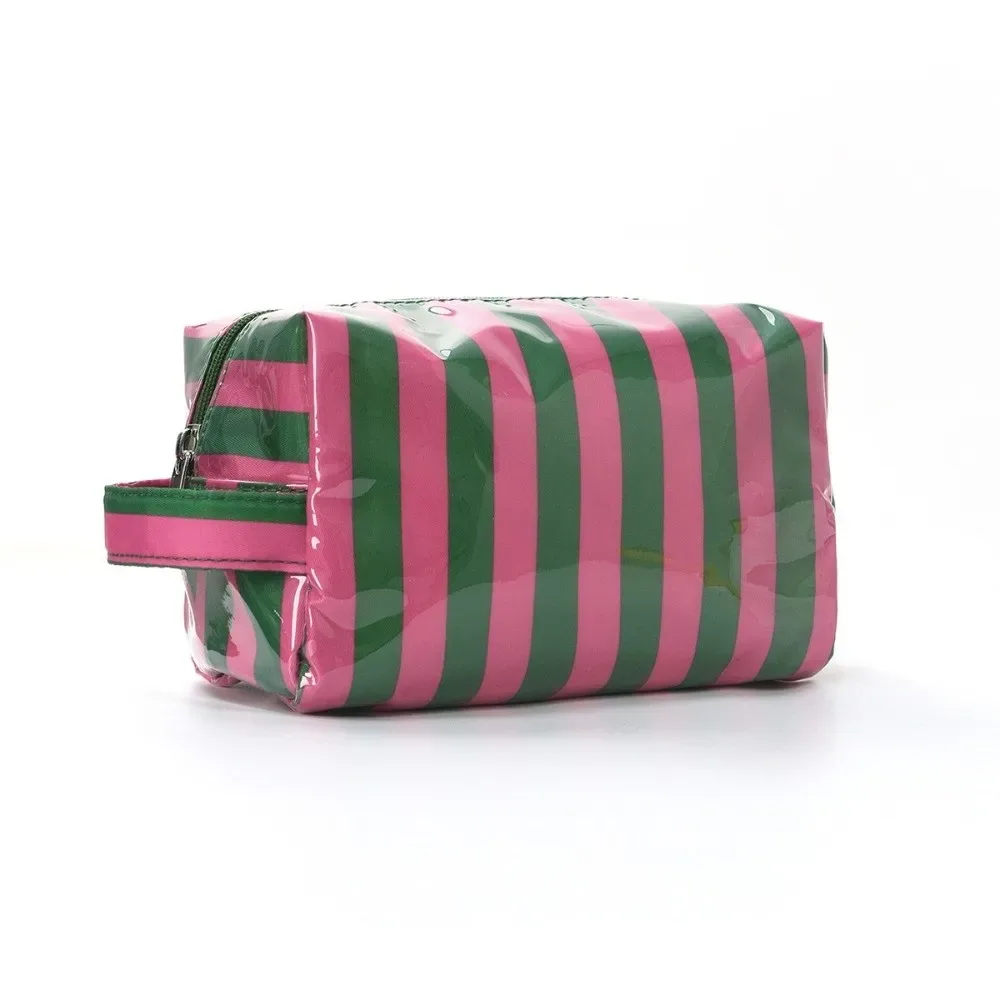 trousse de toilette imperméable rayée grande capacité rose en pvc – organisateur de maquillage portable simple pour voyage – sac de rangement cosmétique pour femme
