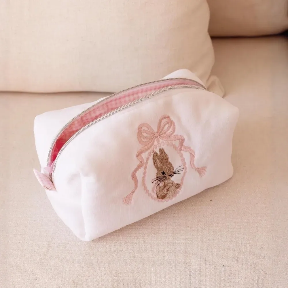 trousse de maquillage portable lapin avec nœud en dentelle grande capacité organisateur de maquillage fermeture éclair blanc rose trousse à crayons pour femmes et filles