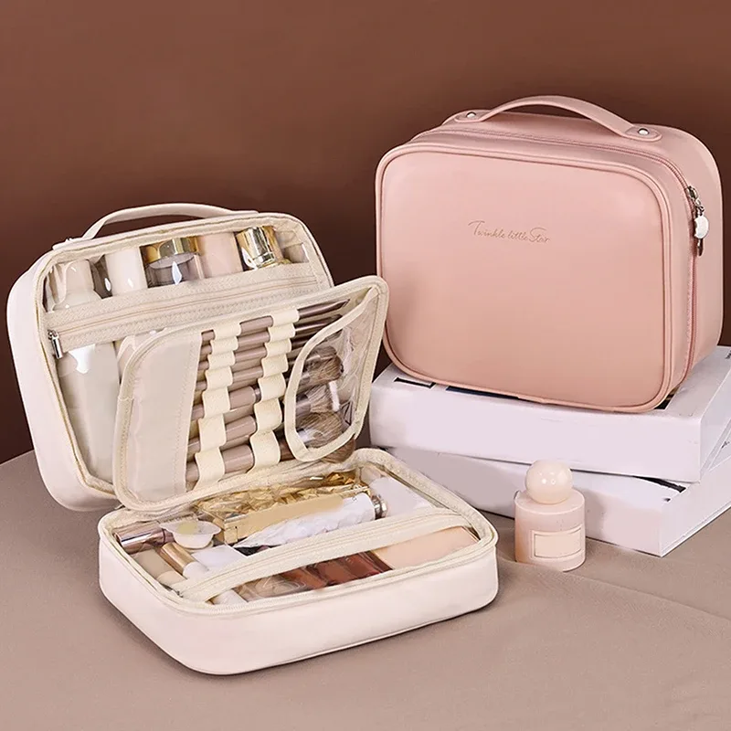 Sac de maquillage de voyage Double couche en cuir PU pour femmes, sac de rangement Portable de grande capacité, sac de voyage étanche à fermeture éclair