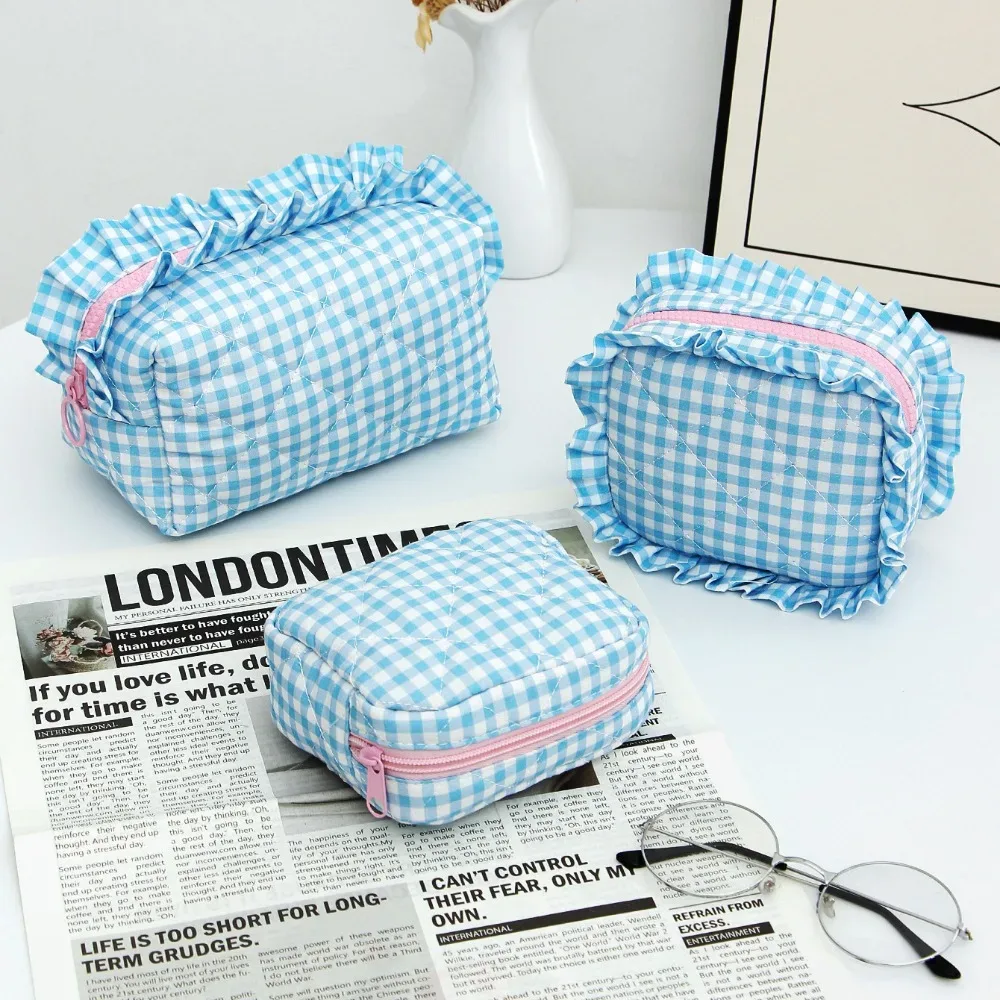 sac de maquillage portable, design matelassé, motif à carreaux, sac de rangement pour pinceaux de maquillage a