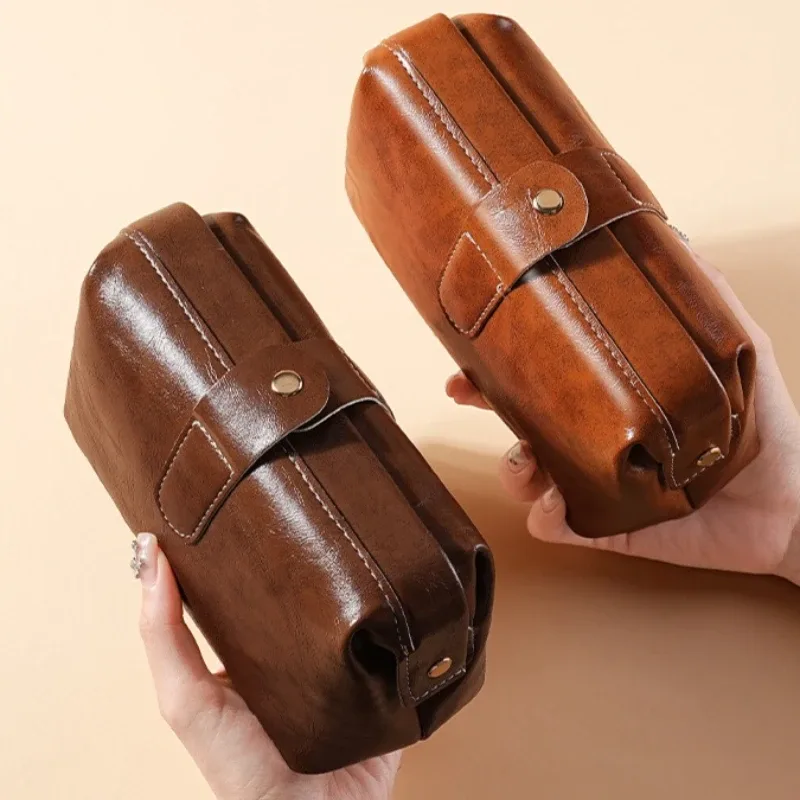 Sac à cosmétiques en cuir PU pour femmes, grande capacité, étanche, trousse de maquillage vintage, couleur unie, sac de rangement pour cosmétiques, porte-monnaie
