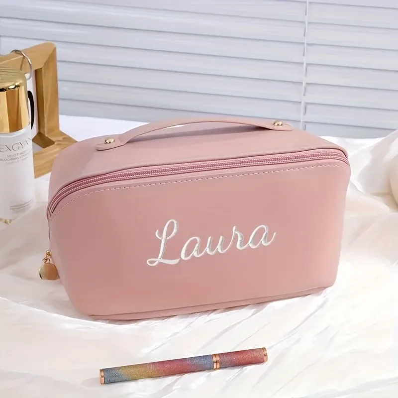 pochette de maquillage personnalisée avec nom brodé - organisateur de cosmétiques grande capacité avec fermeture à glissière et poignée supérieure