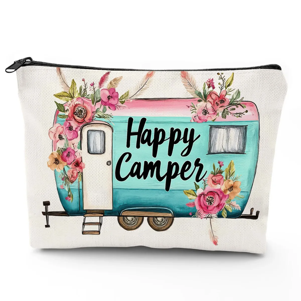happy camper trousse de maquillage vintage pour remorque de voyage avec accents floraux pochette cosmétique légère en polyester pour voyage et camping