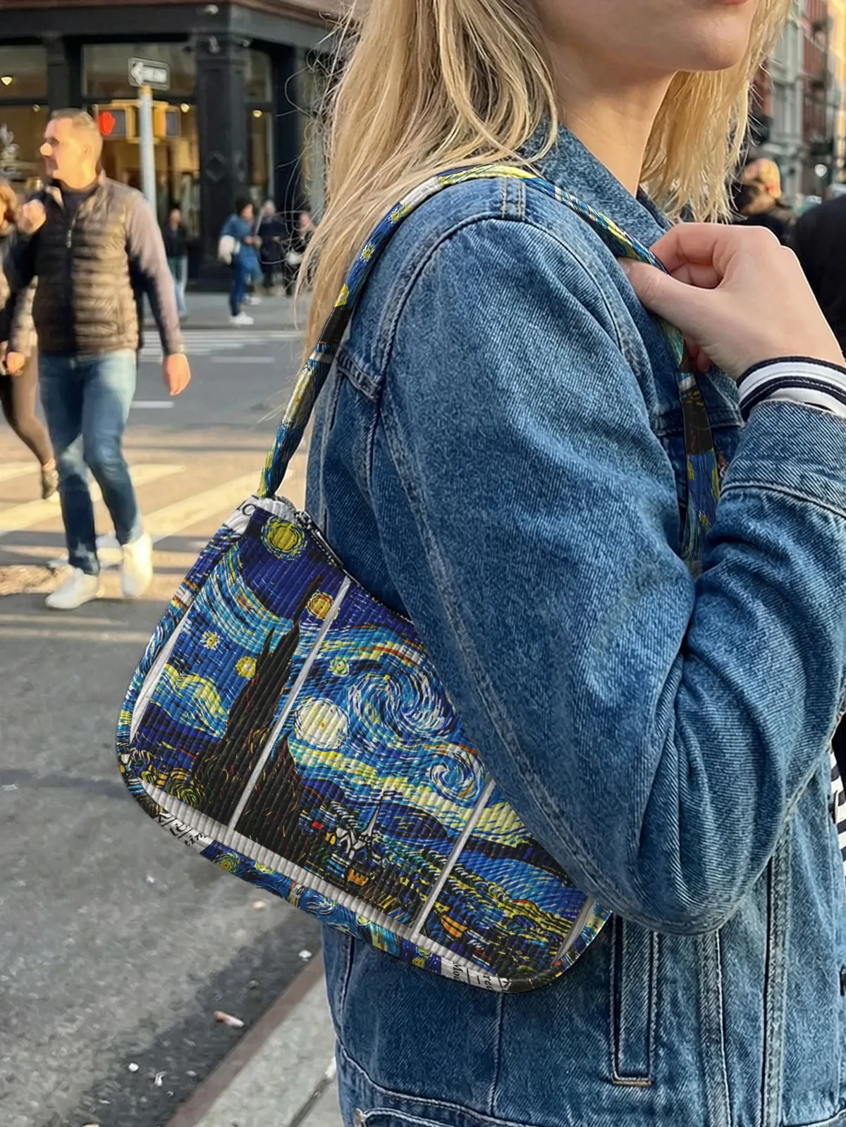 sac à bandoulière tendance avec imprimé the starry night, sac sous le bras en velours côtelé pour un usage quotidien décontracté