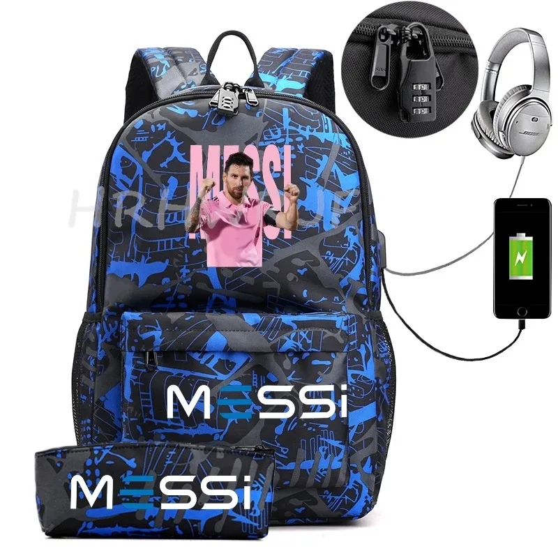 sac à dos de sport messi camouflage pour femmes et hommes, sac à dos pour ordinateur portable pour adolescents, étudiants, sac à dos orthopédique de voyage avec trousse à crayons 2 pièces