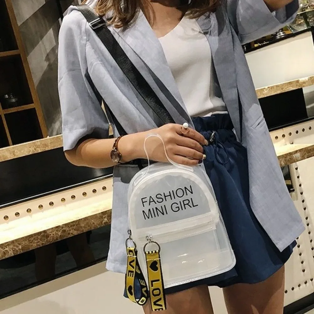 sac à dos mini transparent imperméable, tendance, idéal pour les festivals, en pvc, couleur unie avec motif de lettres.
