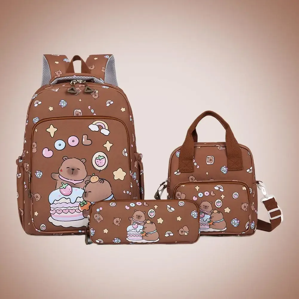3 pièces/ensemble kawaii capybara sac à dos grande capacité dessin animé adolescent mode nylon léger sac à dos ensemble