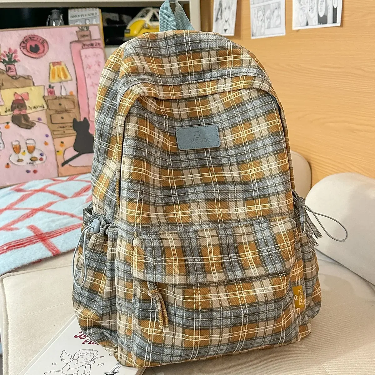 sac à dos rétro britannique à carreaux grande capacité pour filles, lycéennes, étudiantes, sac à bandoulière en nylon pour femmes