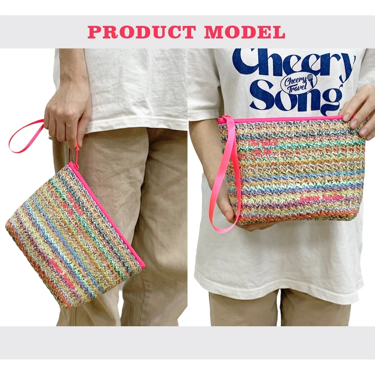 trousse de maquillage en paille, pochette de toilette à la mode, pochette, sac de rangement de cosmétiques, organisateur de voyage avec étiquettes et étiquettes