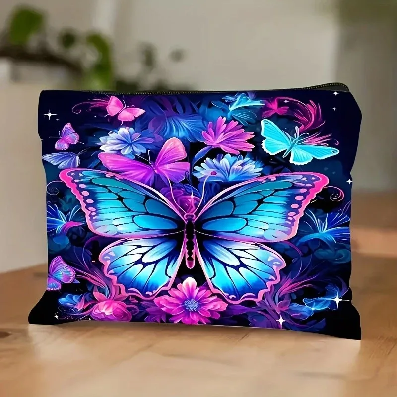 sac de maquillage en lin à motif papillon et fleur, pochette de voyage pour dames, pochette à fermeture éclair légère, sacs de toilette multifonctions, 1 pièce
