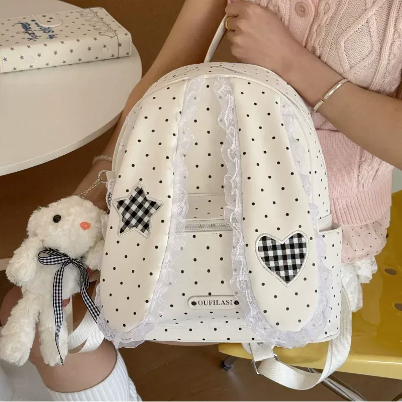 sac à dos créatif mignon avec oreilles de lapin, décor en dentelle à pois, style japonais lolita, sac à dos preppy pour fille, sac à main léger en nylon