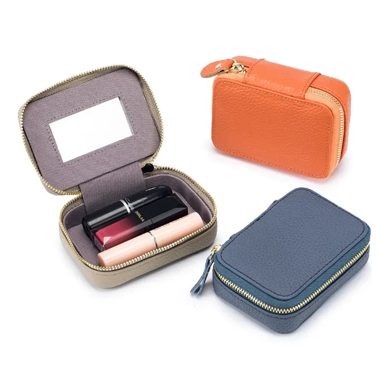 mini sac cosmétique en cuir véritable avec tête miroir pour femme, sac de rangement de maquillage en peau de cercle, sac à monnaie pour casque et rouge à lèvres
