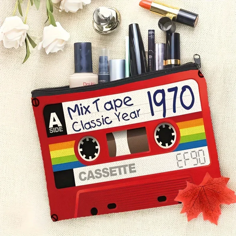 trousse de maquillage à cassette vintage – organisateur de voyage pliable avec fermeture éclair, pochette à cosmétiques pour les amateurs de musique