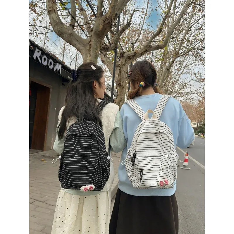 Sac à dos rayé de style coréen pour étudiantes, cartable pour collégiennes, sac à dos mignon de grande capacité, sac de voyage unisexe