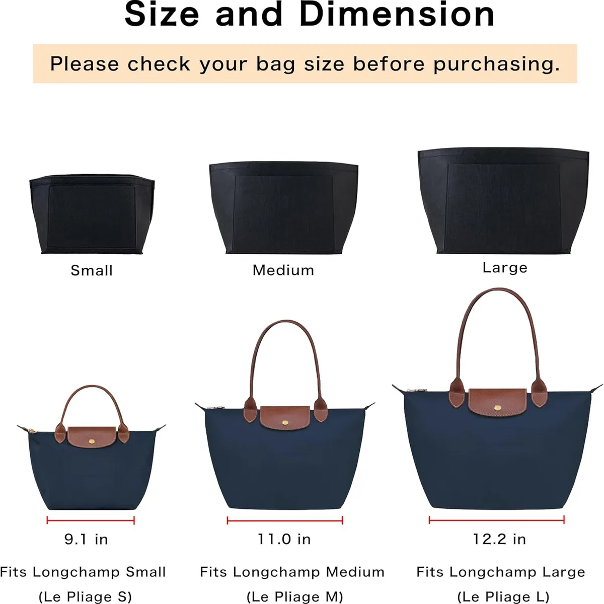 organisateur insérer pour longchamp grand petit mini taille fourre-tout sac feutre sac de rangement sac à main insérer sac à main doublure sacs accessoires