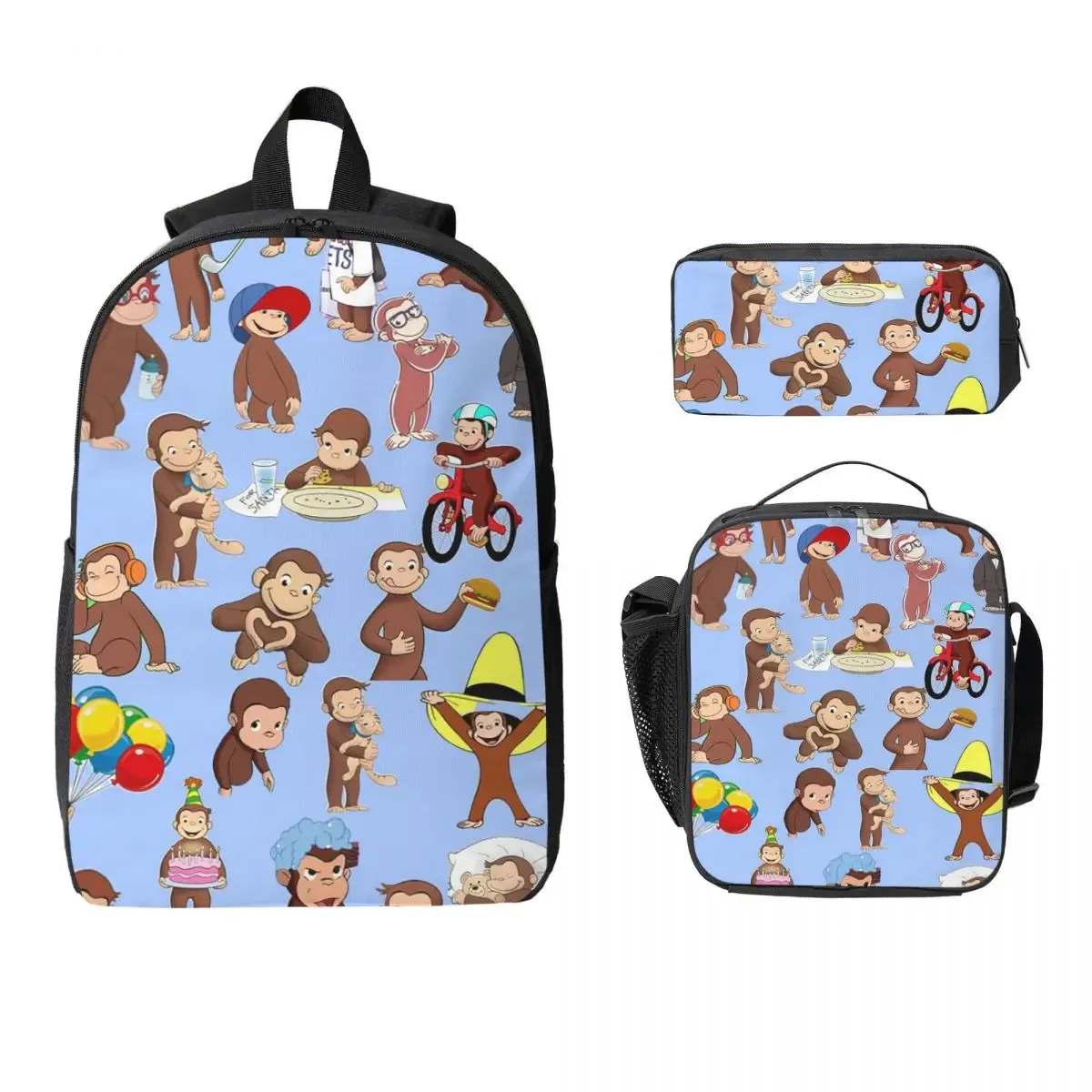sac à dos anime curious george monkey, sac à livres pour étudiants, sac d'école, sacs à bandoulière pour ordinateur portable, sac à déjeuner isotherme, trousse à crayons, 3 pièces