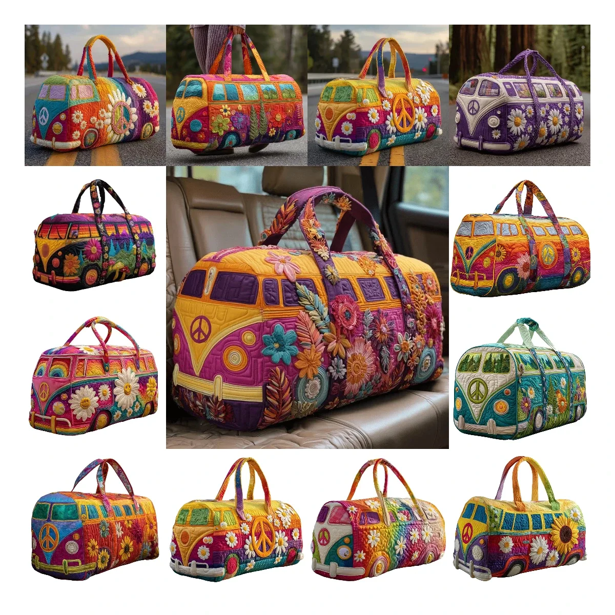 Sac de voyage matelassé pour homme, motif floral et bus de la paix, sac fourre-tout décontracté pour femme, sac de week-end