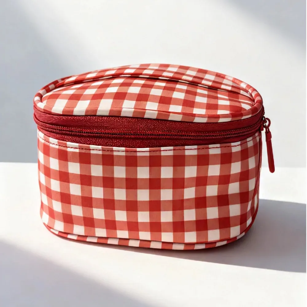 sac de maquillage simple en tissu oxford à carreaux rouges, imperméable, multifonctionnel, grande capacité, sac de toilette de voyage