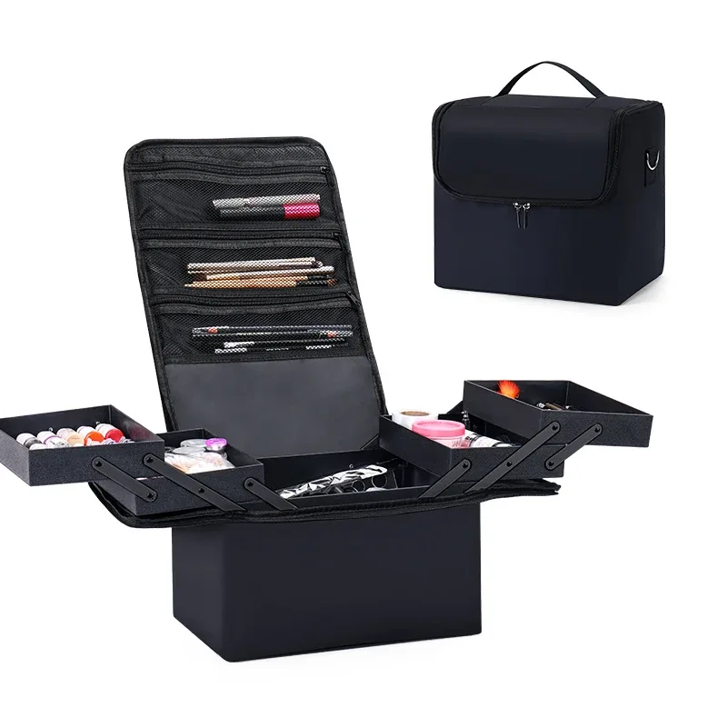 Grand étui de transport de maquillage pour femmes, boîte de rangement de sac de voyage, étui organisateur d'ongles professionnel à 4 niveaux avec réglable