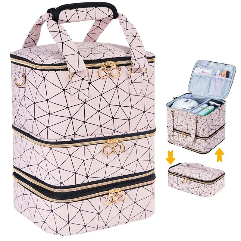 sac organisateur de vernis à ongles à 3 couches, capacité de 60 flacons, en pu imperméable, portable, étui de rangement pour manucure, sac organisateur de maquillage détachable
