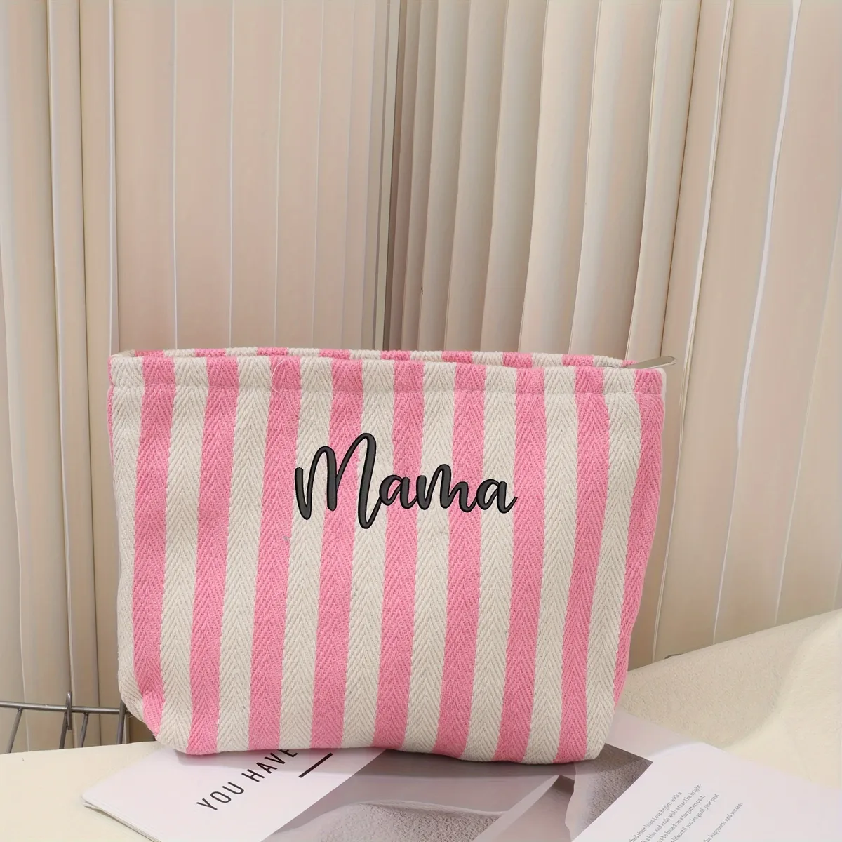 trousse de maquillage rayée personnalisée, broderie du nom, pochette cosmétique, grande capacité, organisateur de toilette de voyage, cadeau pour femmes