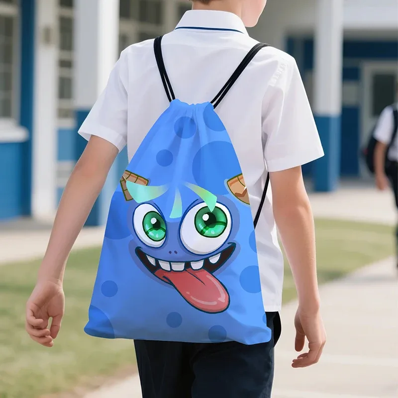 sac à dos avec imprimé visage de monstre amusant pour femmes et hommes, sac à cordon kawaii, sac à dos de sport en plein air, sacs de rangement pour adolescents, sac à livres de voyage