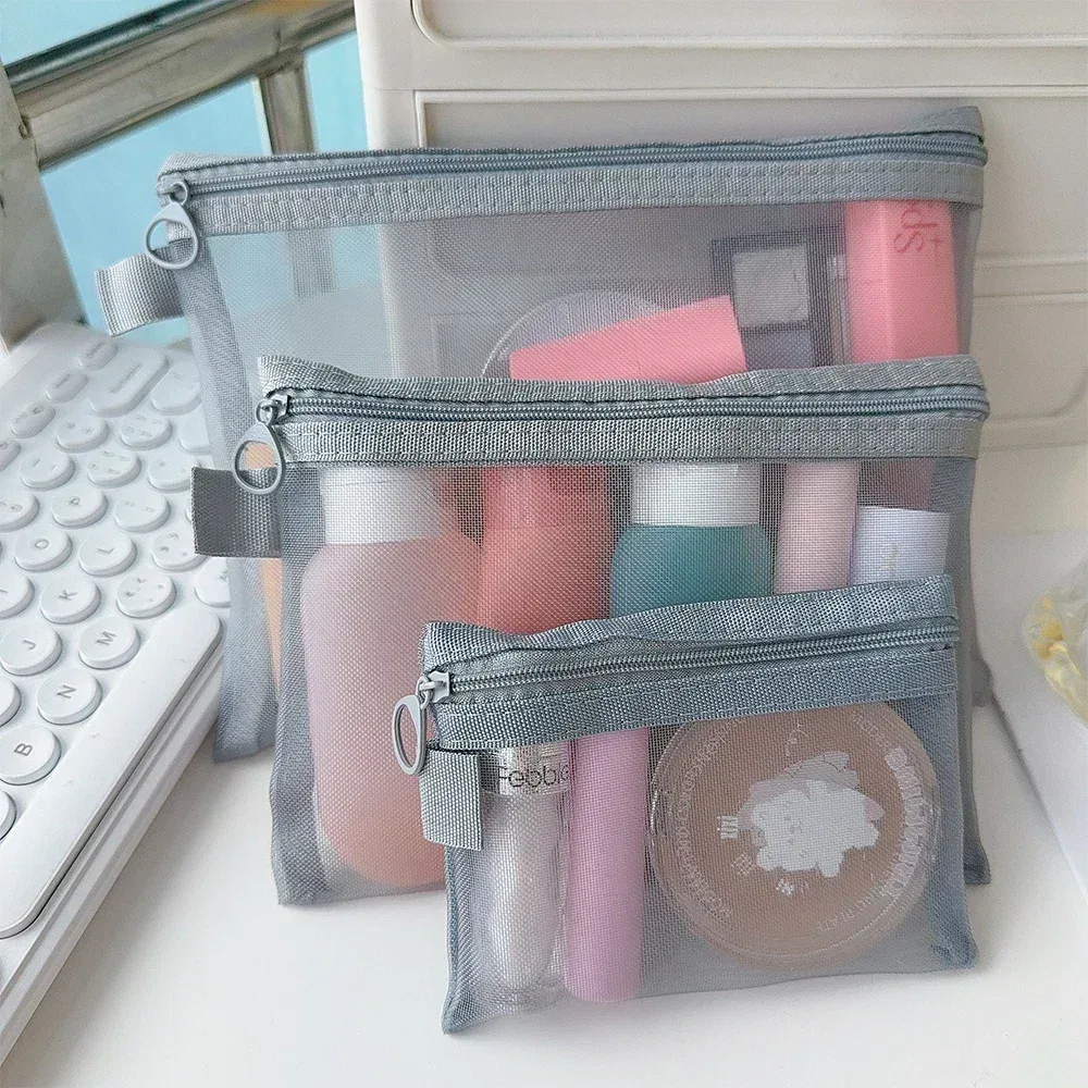 ensemble de 3 sacs à cosmétiques en maille, noir et gris, sacs de maquillage portables, fermeture éclair en maille respirante, adaptés à la pochette de rangement de voyage