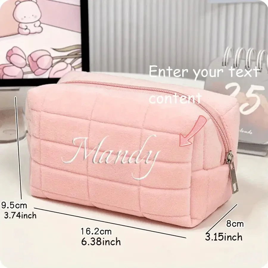 sac de rangement cosmétique en fourrure unie personnalisé avec nom, pour femme, avec fermeture éclair, organiseur de maquillage, sac à main, trousse à crayons, trousse de toilette de voyage