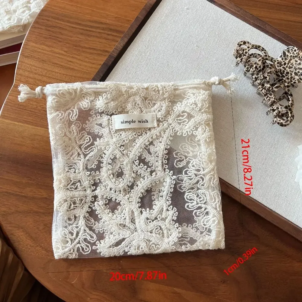pochette portable à cordon brodée de fleurs, sacs rétro en maille mignons, sacs de rangement pratiques en organza avec cordon en dentelle