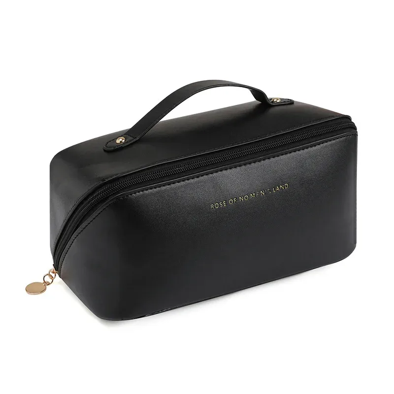 trousse de maquillage pratique et à la mode en pu, sac de rangement de voyage, trousse de toilette de grande capacité, trousse de maquillage pour oreiller de beauté stimulant les mains