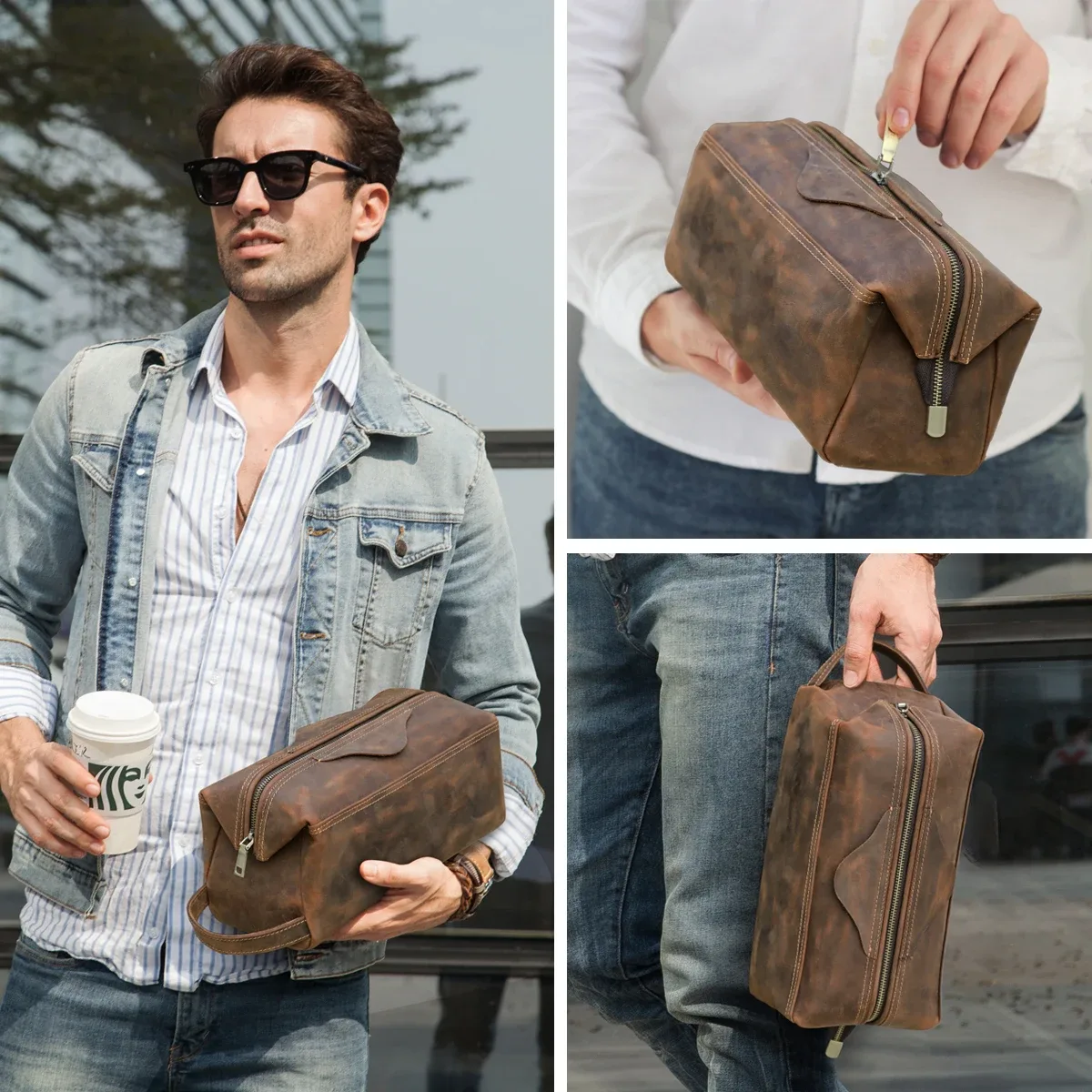 trousse de toilette en cuir véritable pour hommes et femmes, sac à cosmétiques, trousse de toilette de voyage, sacs de rangement, sac à main pour kit de maquillage, homme
