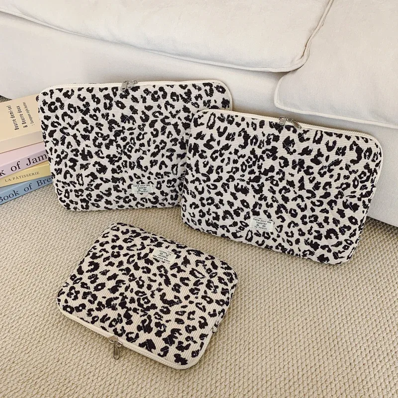sac de rangement pour ordinateur portable en velours côtelé, décoration décontractée à imprimé léopard, 11/13/15 pouces, adapté aux déplacements quotidiens