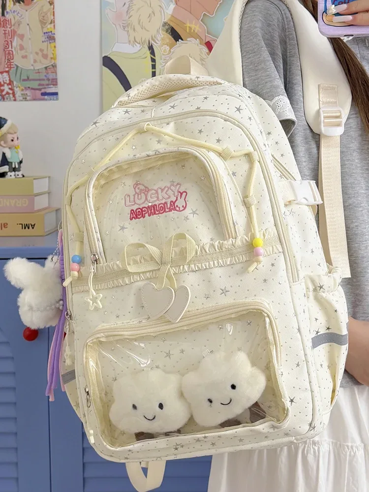 sac à dos pour femmes, sac de voyage multi-poches, joli sac d'école à rayures réfléchissantes avec nœud et étoiles pour adolescentes, sac à livres