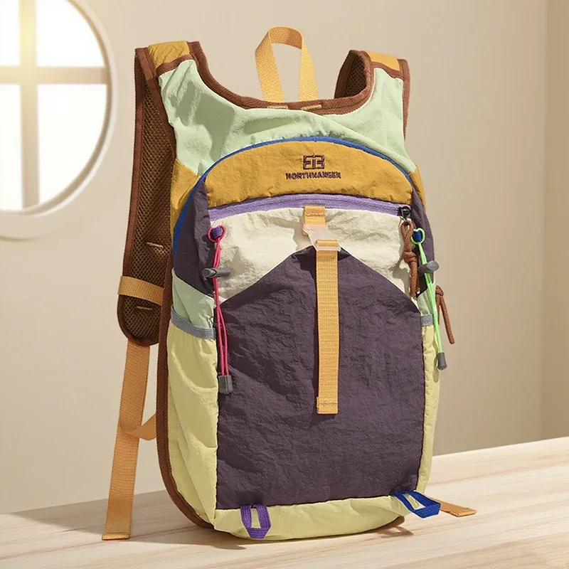 sac à dos color block pour homme et femme, sac de randonnée et de voyage en plein air, sac de sport léger en nylon avec sangle de poitrine et poche pour bouteille d'eau