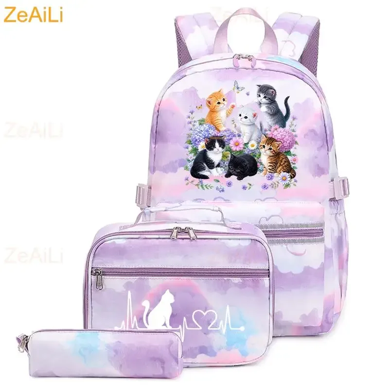 lot de 3 sacs à dos mignons pour étudiants et adolescents, motif patte de chien et chat, couleur violette, avec sac à déjeuner, sac de voyage coloré, sacs d'école pour garçons et filles, ensembles de mochilas