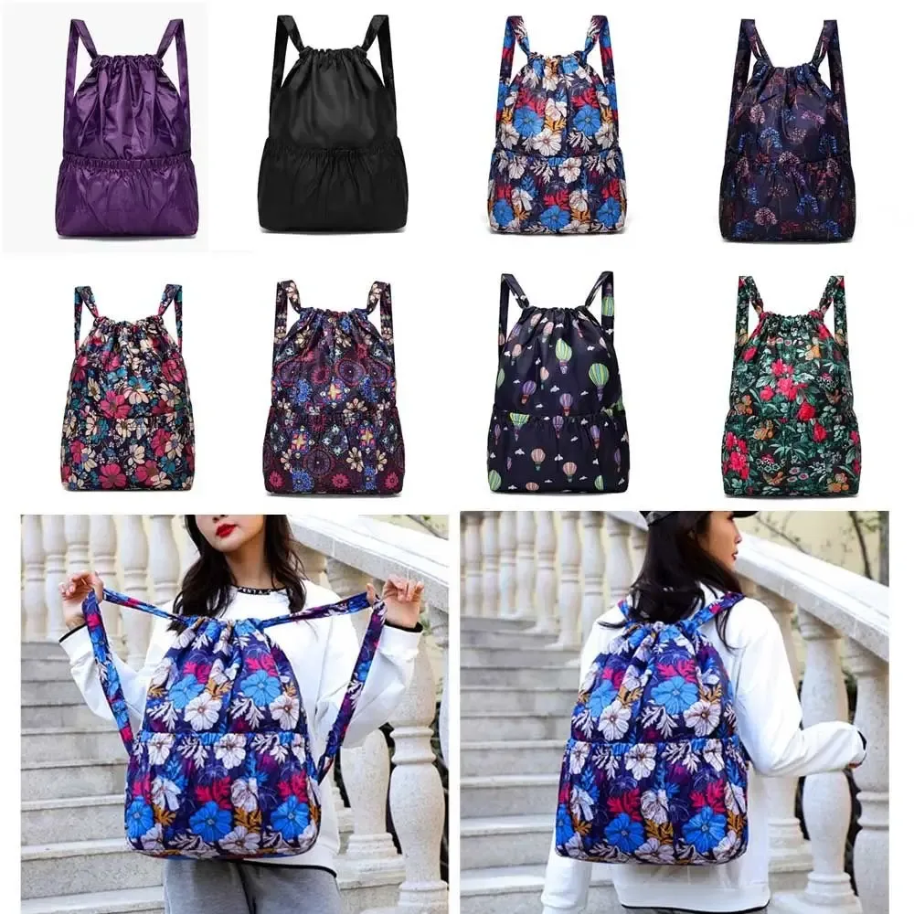 Sac à dos multifonctionnel à imprimé floral avec cordon de serrage, en polyester imperméable, grande capacité, pliable, pour l'école, pour femmes